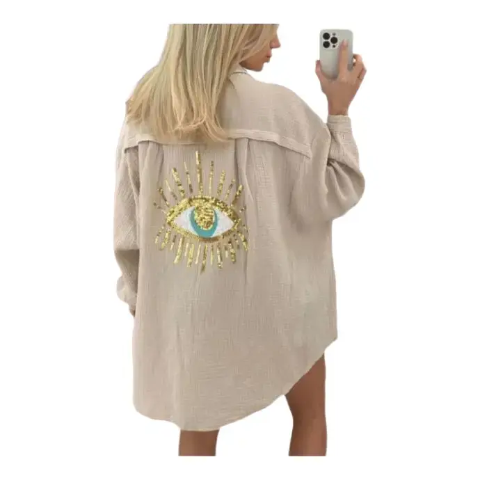 Eye Graphic Print Back Button Up Loose Shirt-ONE SIZE UK6-20 Top Womenswear Blouse Lady Comfort Casual Underwear Fitted Underwear Fitted