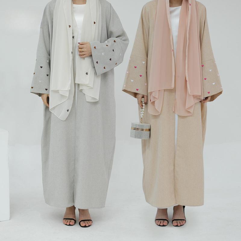 HASASERIES HS0998 2pcs Set Heart Embroidered Cardigan Robe and Love Hijab party  abaya abaya  women 0
