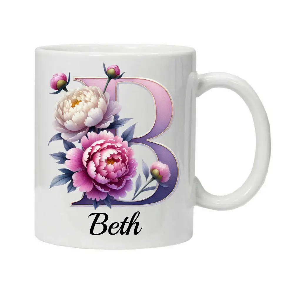Personalised Mug Cup Peonies Beautiful Floral Initial Name Tea Coffee Boxed Gift Gifts for Her Peony Flowers