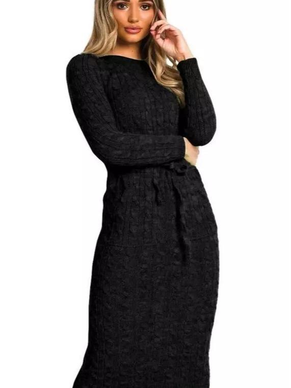 Ladies Women long Midi Cable Knitted Pocket Tie up Party Jumper Dress Casual Comfort Crewneck Soft Womenswear Chic Comfortable Cute Piece Sleeve Style Summer 1