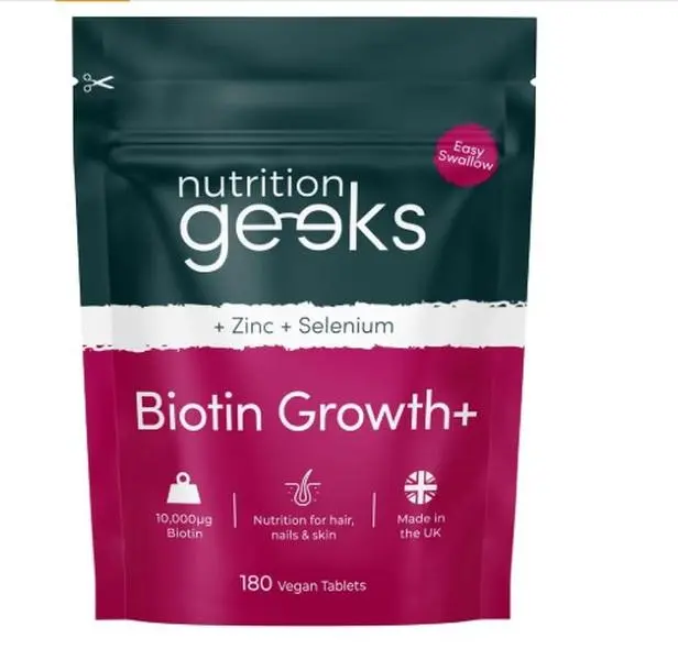 Nutrition Geeks Biotin Hair Growth Supplement - 180 Tablets Enhanced with Zinc & Selenium, Hair Vitamins Complex - Biotin 10000 mcg - Vegan, Hair Skin and Nails Vitamins for Women & Men UK