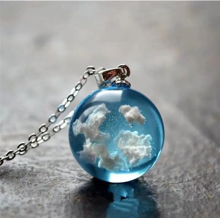 Transparent White Clouds and Sky Resin Glass Ball Pendant Necklace Birthday Anniversary Christmas Valentines Jewelry Gift For Mother Daughter Ladies