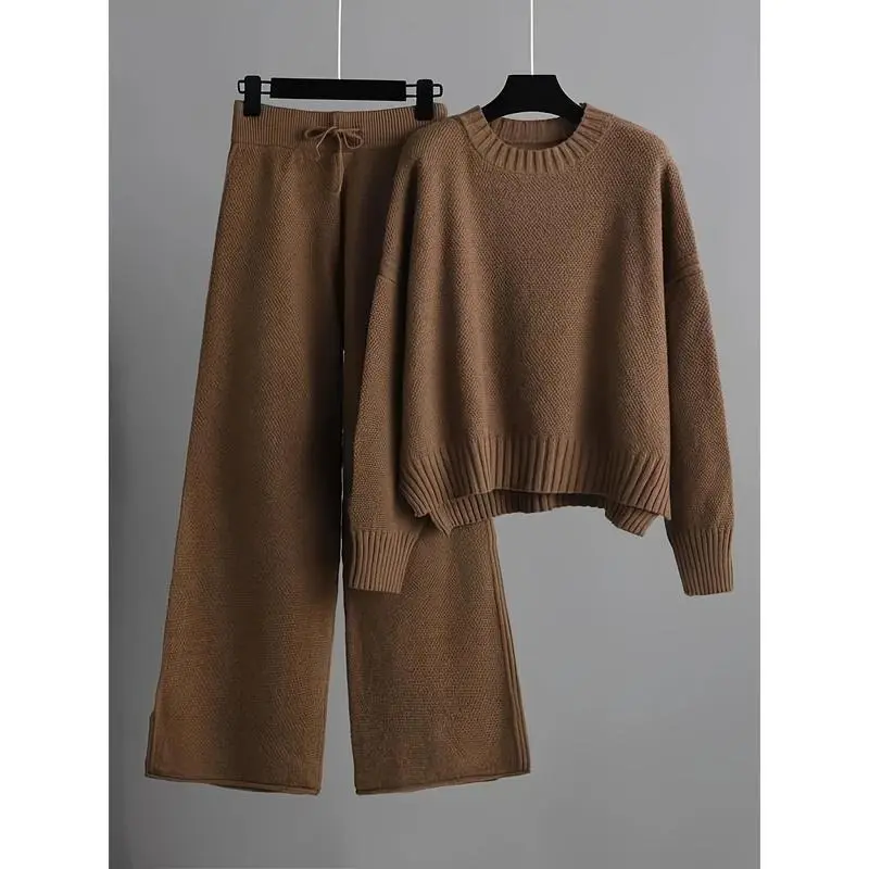 【2025】Solid Color Knit Pants Set, Long Sleeve Crew Neck Drop Shoulder Sweater & Drawstring Waist Wide Leg Pants Outfits, Women's Clothing