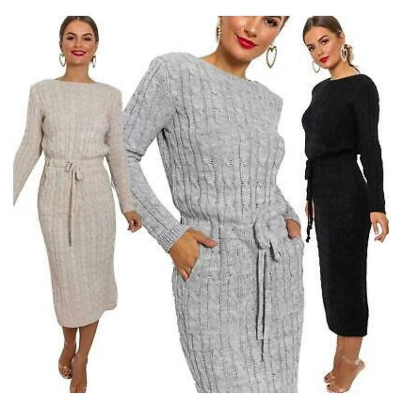 Ladies Cable Knitted Pocket Tie up Long Midi Dress with Belt - Clothing Knitwear Womenswear 7