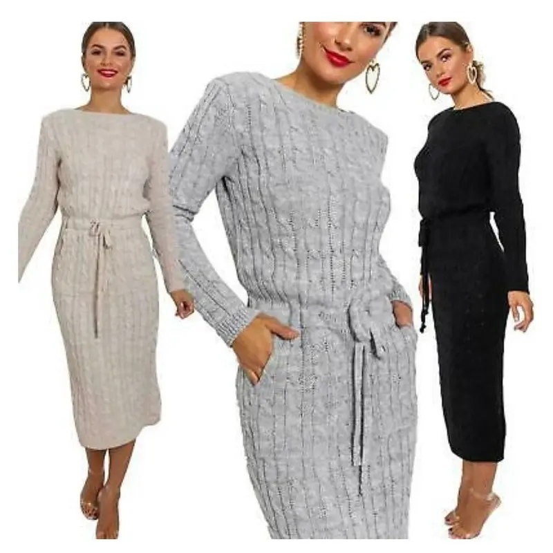 Ladies Cable Knitted Pocket Tie up Long Midi Dress with Belt - Clothing Knitwear Womenswear 7