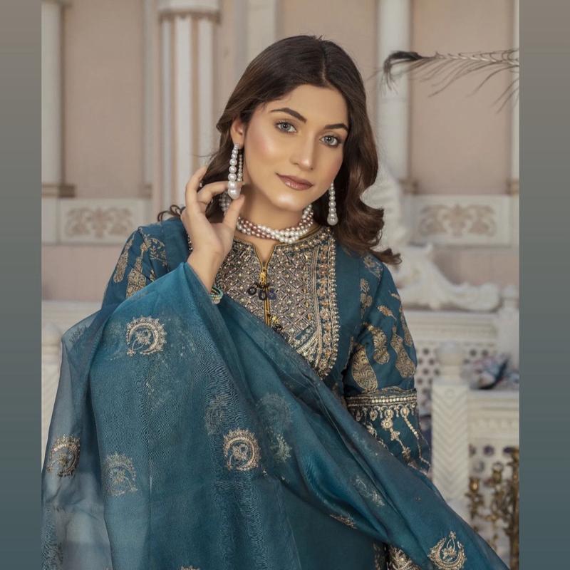 Beautiful Party Wear Embroidered & Digital Print 3pc Suit With Gharara & organza  Dupatta Womenswear 2