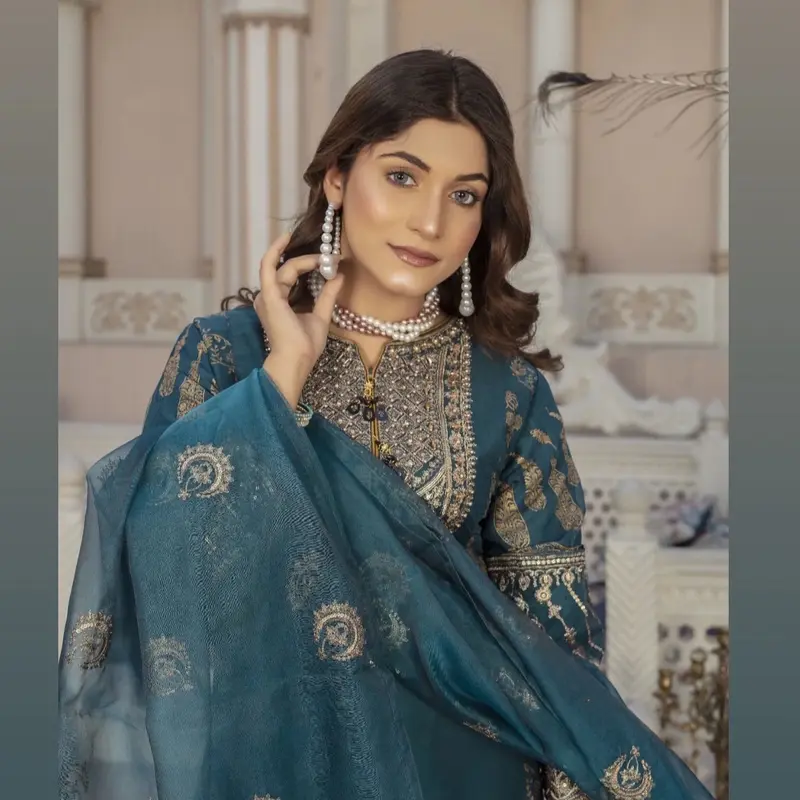 Beautiful Party Wear Embroidered & Digital Print 3pc Suit With Gharara & organza  Dupatta Womenswear 2