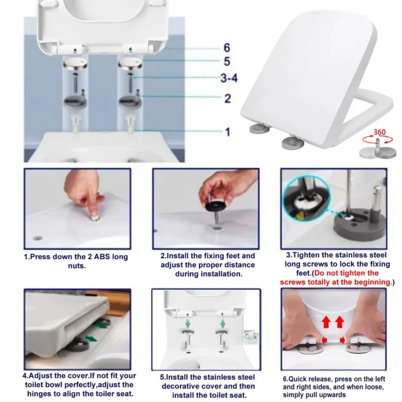 Luxury Square Toilet Seat Heavy Duty White Soft Close Top Quick Release Hinges 4