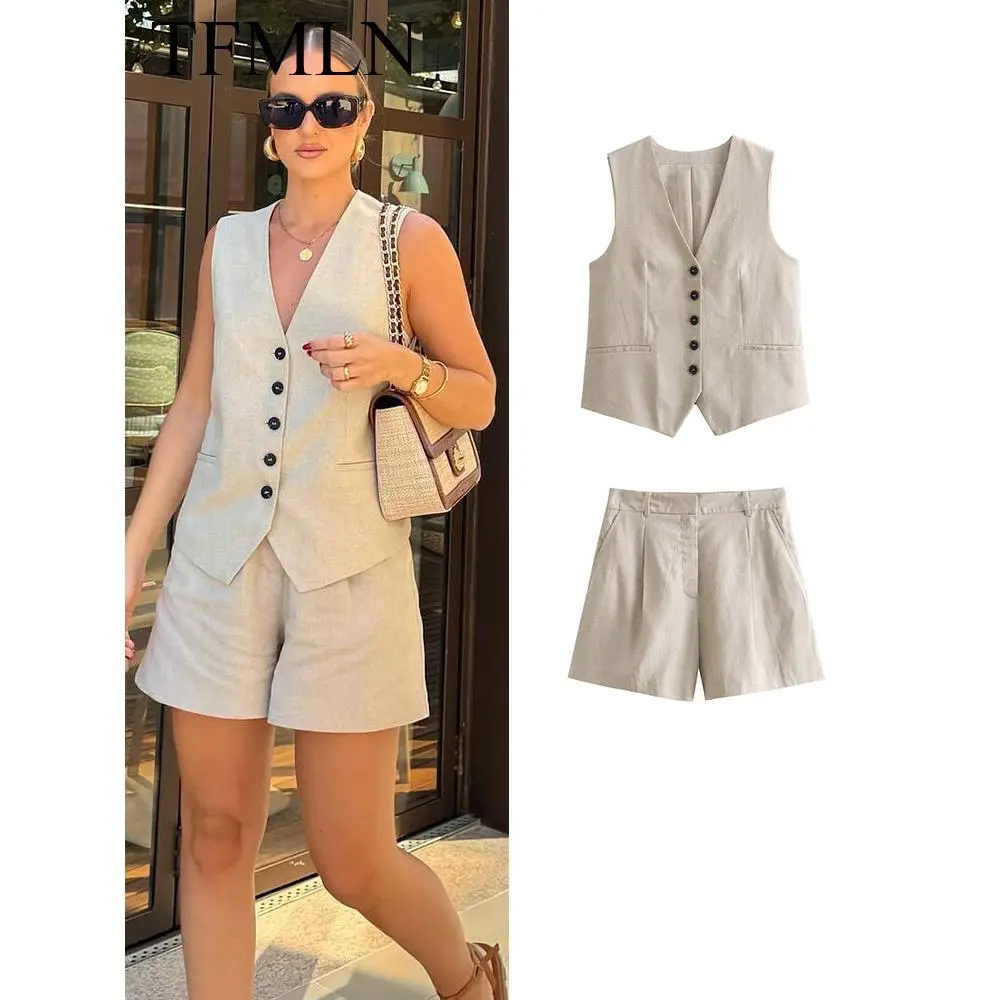 TFMLN Fashion Women Linen Shorts Sets 2024 Vintage Solid Single Breasted V Neck Waistcoat Tops  Summer Office Lady Suits