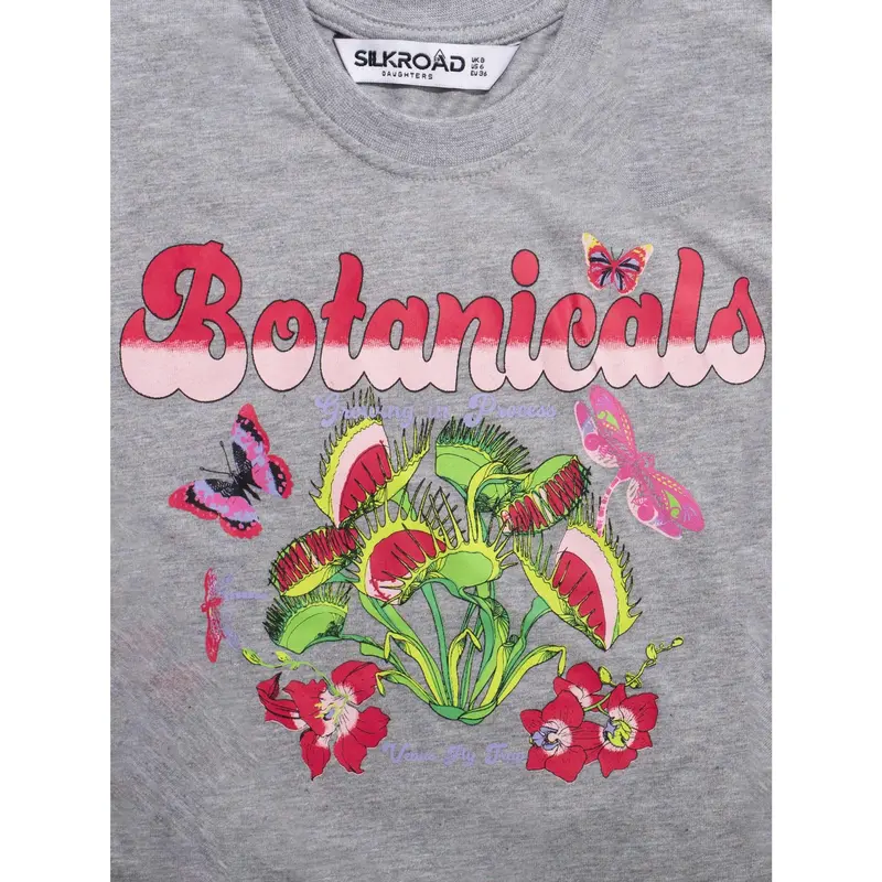 Grey Botanical Print Basic Short Sleeve Tee Fit Top 3