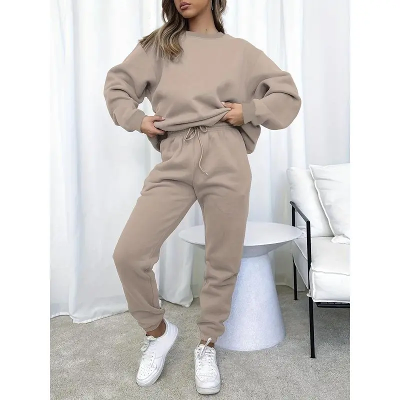 Solid Casual Two-piece Set, Crew Neck Long Sleeve Tops & Drawstring Jogger Pants Oufits, Women's Clothing