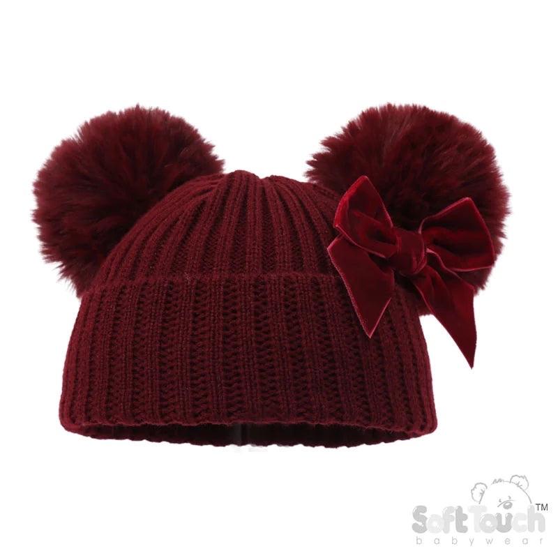Baby Girls Velvet Bow Pom Pom Hats - Newborn To 12 Months 2