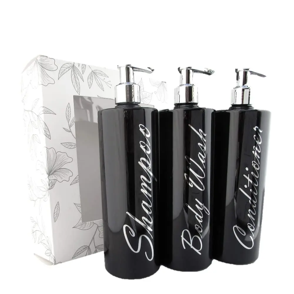 3 x Mrs Hinch PET Empty Black/Silver Refillable Bottles Shampoo Body Wash Shampoo 500ml With Chrome Lotion Tops For Soap Gel Liquid Luxury Bathroom Personalised Dispenser Pump Bottles Set
