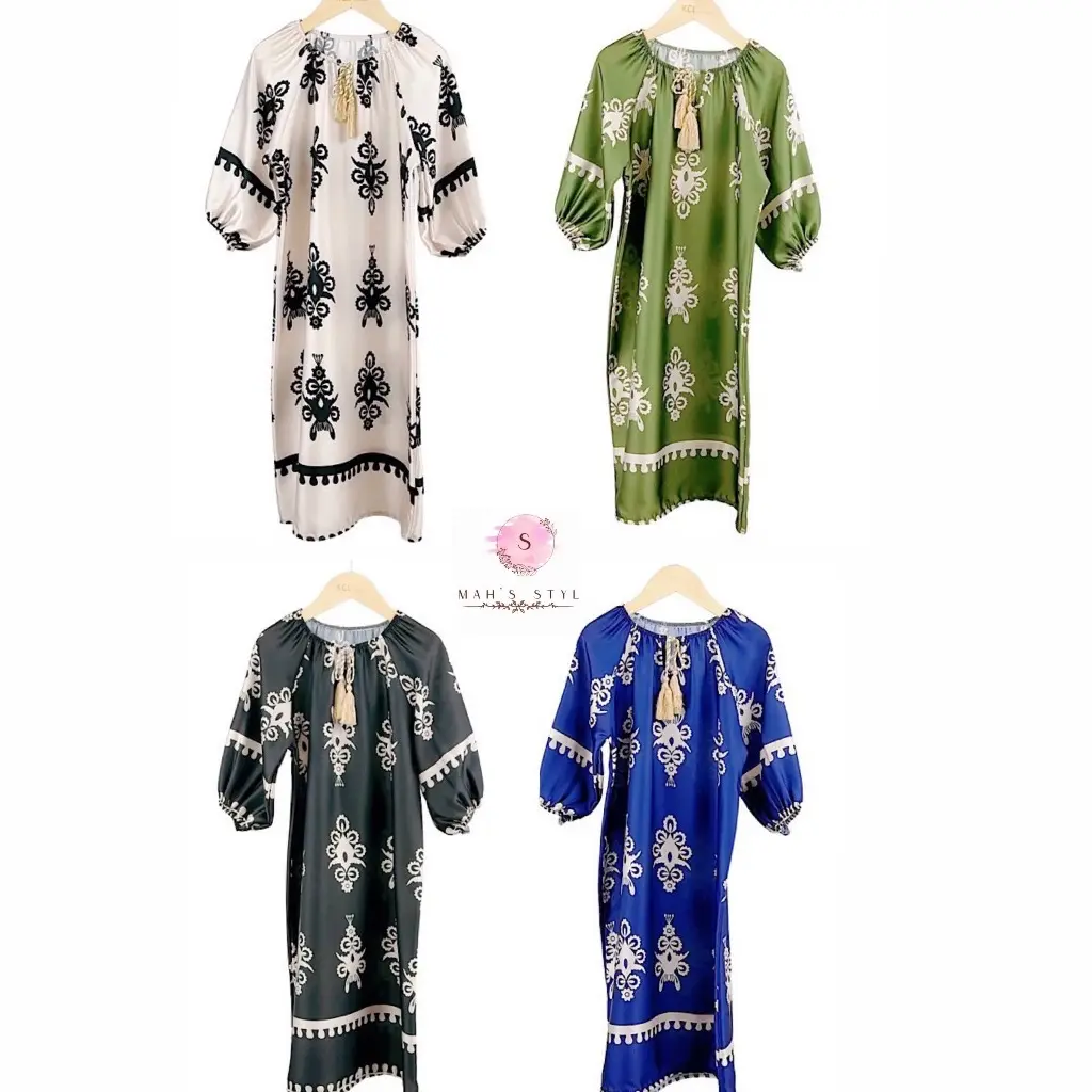 Girls satin Egyptian Print Luxury Longline abaya Motif Tassel Neck Paisley Moroccan Style Summer Holiday Oversized Maxi Dress girls wear Modest Wear
