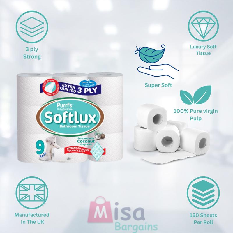 90 Toilet Rolls 45 Softlux Purffs Coconut + 45 Softly Purffs Aloe Vera 3ply Bathroom Luxury Quilted Toilet Rolls  (10*9pk) Flushable Disposable Family Toilet Pack Scented Kitchen Sheets Tissue Wipes 3