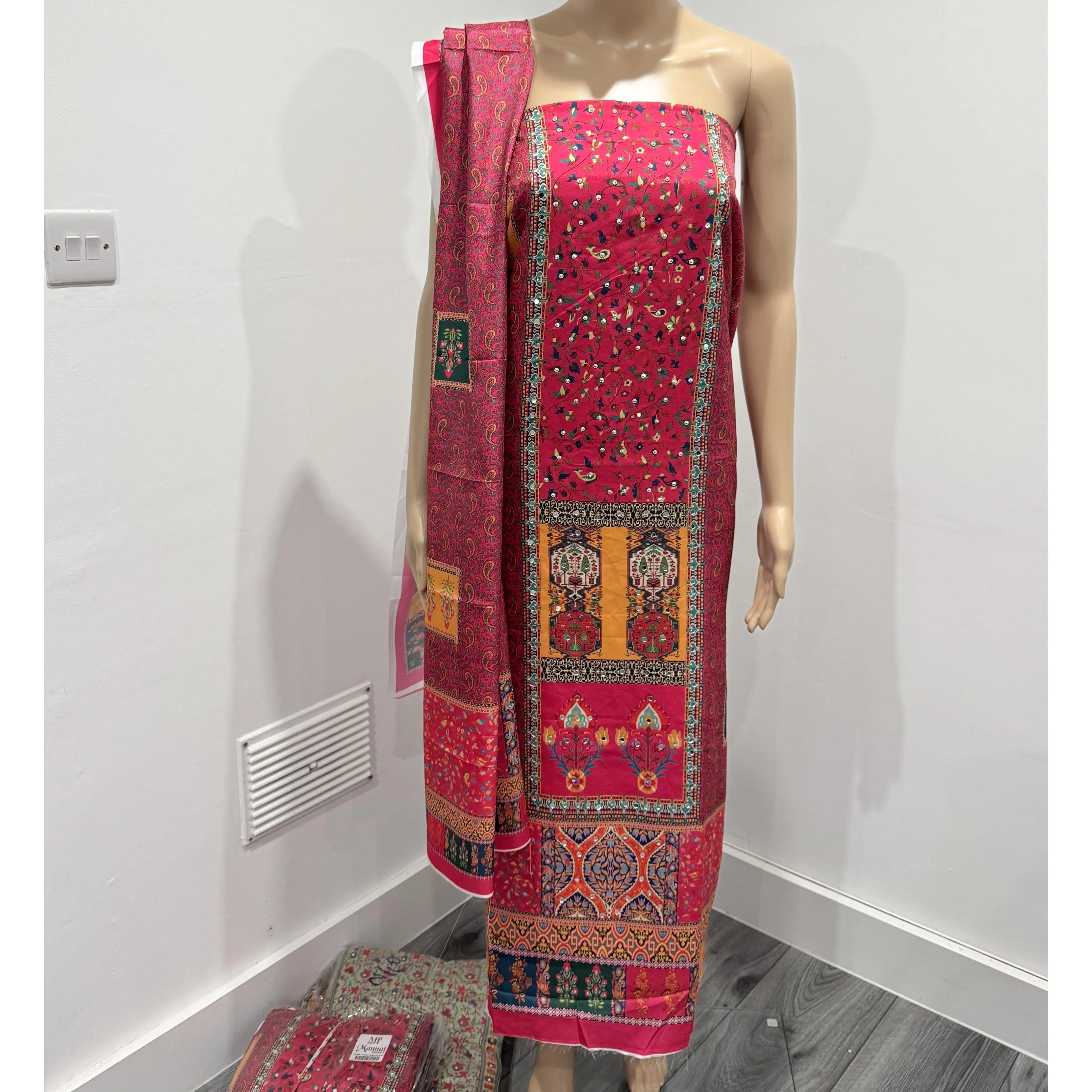 Pink Mira Three Piece Suit French Crepe Semi Stitched Material