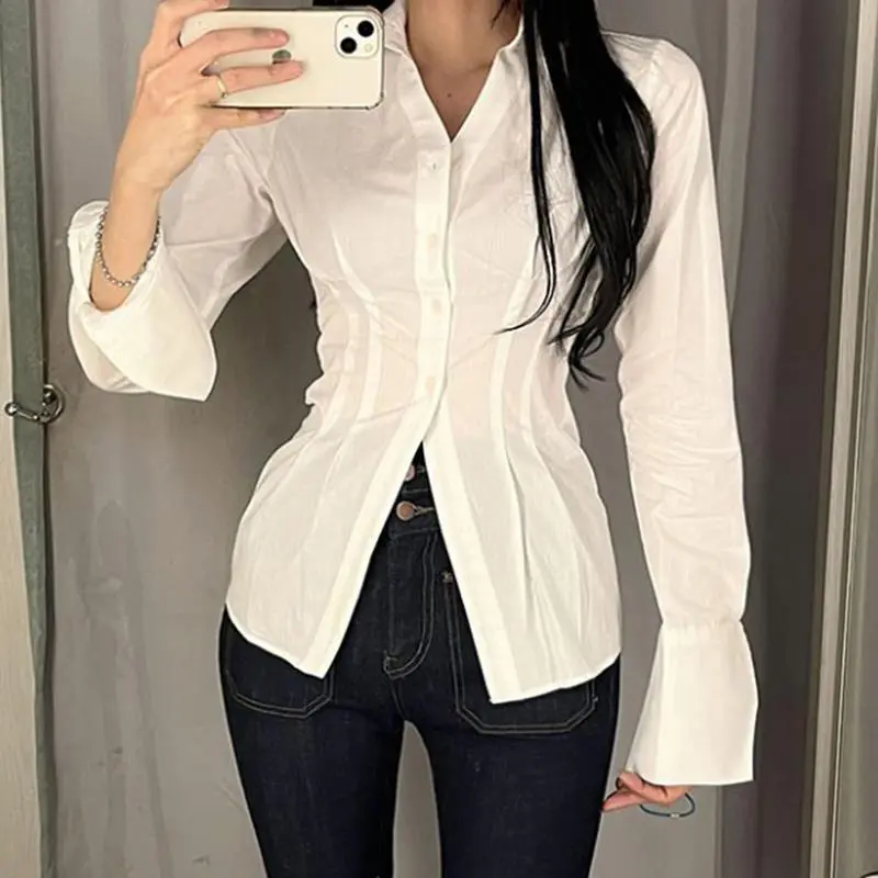 MEXZT Y2K Women Slim Blouses Office Lady Fashion Long Sleeve Folds Chic Shirt Vintage Streetwear Korean Sexy Skinny Casual Tops 1