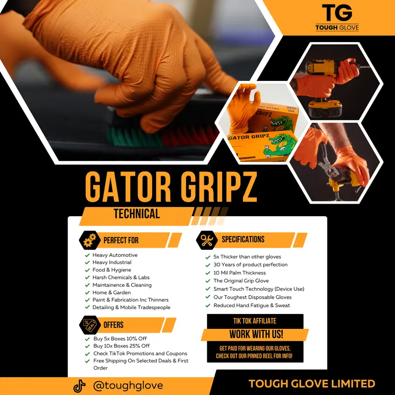 10 Boxes of Gator Gripz by Tough Glove - 10 Boxes of 50 Gloves (500 Gloves) - Super Strong 10 Mil Thick - Orange Diamond Grip -Disposable Nitrile Gloves - Latex & Powder Free 3