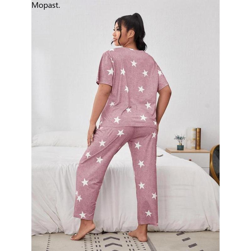 Plus Size Star Print Tee & Elastic Waist Pants Pyjama Set, Casual Comfy Round Neck Short Sleeve T-shirt & Trousers Pj Set, Women's Sleepwear for All Seasons, Wear To Hide Tummy Uk Autumn Wear 2024 Valentine's Day, gift Loungewear Pajamas 2