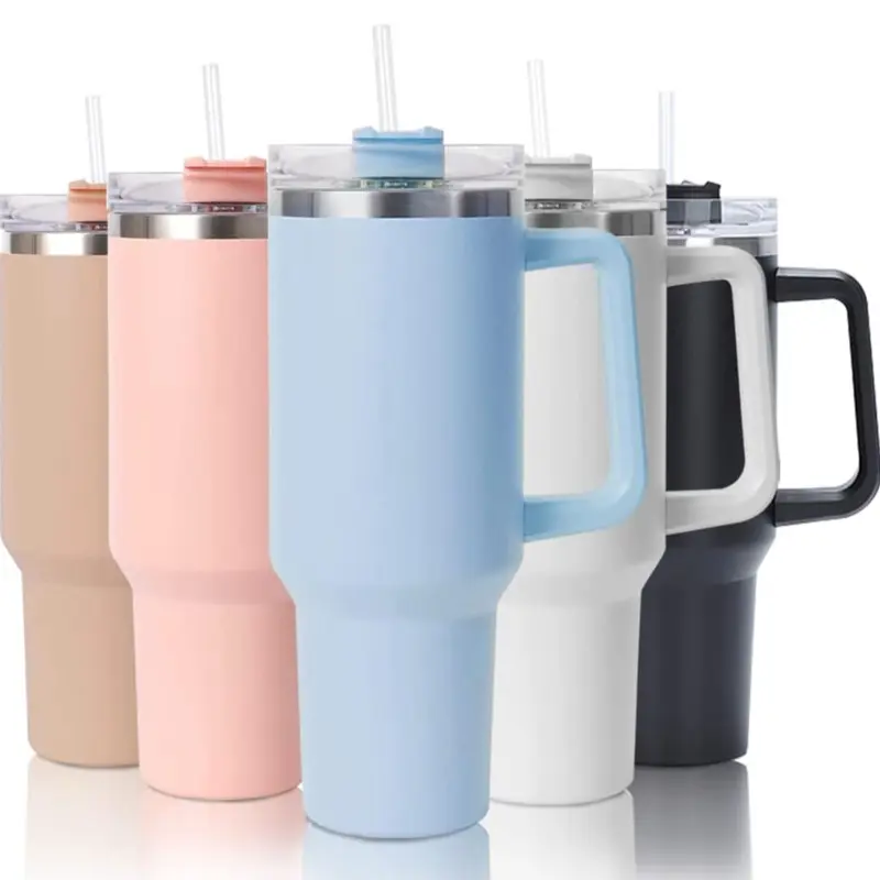 Steel Tumbler with Lid and Handle, Lightweight Insulated Travel Mug, Sturdy Double Wall Drinkware Cup Straw 40 oz Pink