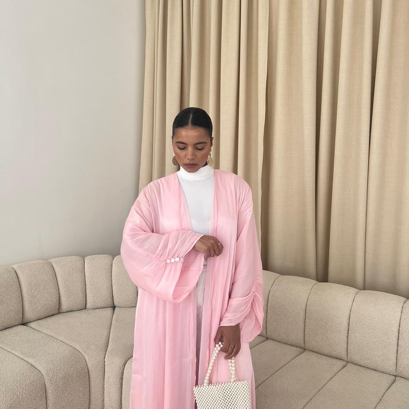Pink Shimmer Button Sleeve Abaya 1