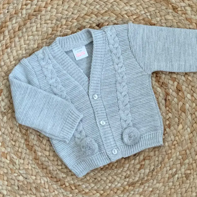 RILEY BABY BOYS CABLE KNIT POM POM CARDIGAN WHITE BEIGE NAVY BABY BLUE GREY 6