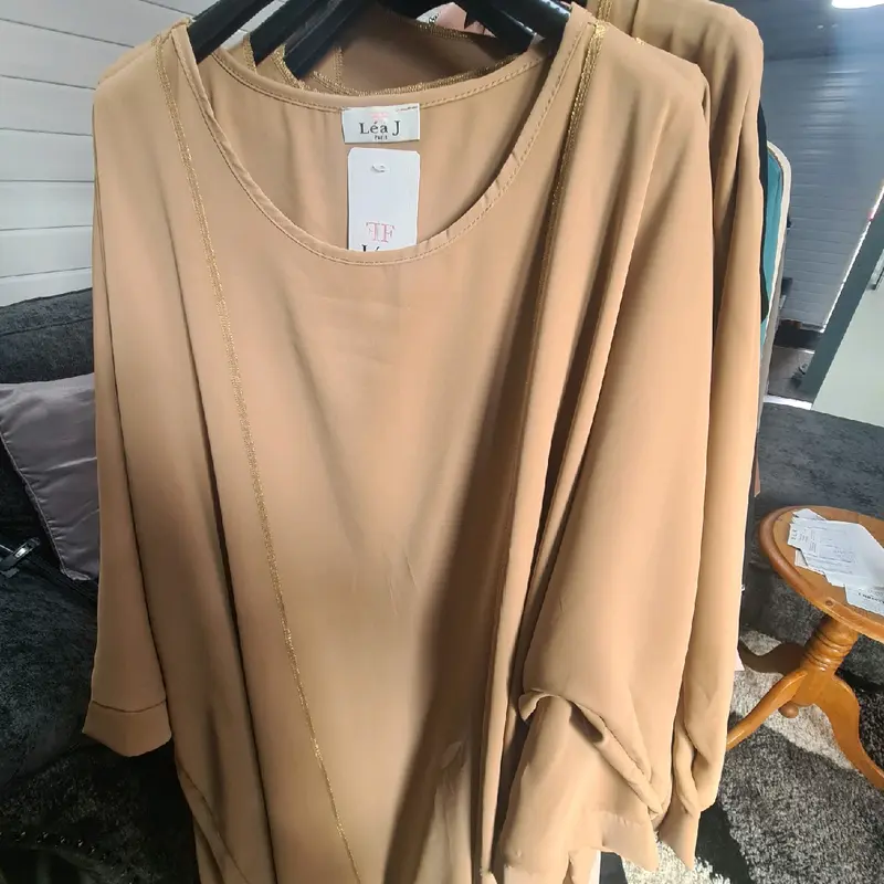 abaya Fancy modeswear arabian style abaya for muslim modestwear .2 pcs beautiful inner outer bagy batween style gown with gold finishing detail.made in france beautiful material . 3