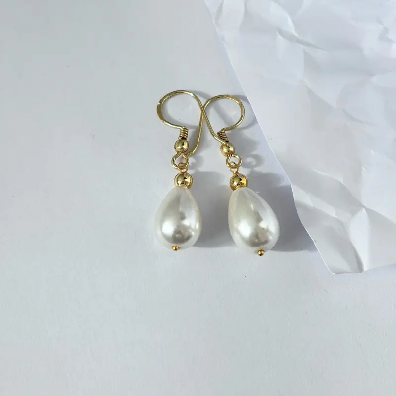 Water Drop Shaped Pearl Dangle Earrings for Women - Nickel Free Golden Hook 0