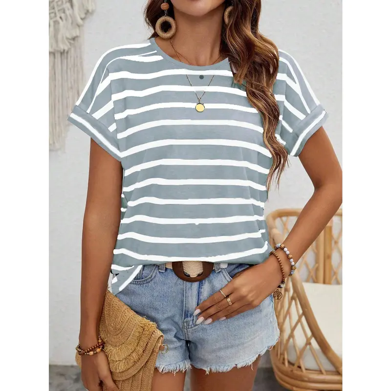 LUNE Women's Summer Striped & Printed Round Neck Batwing Short Sleeve Casual T-Shirt Graphic Tees Women Tops Fabric Fit 4