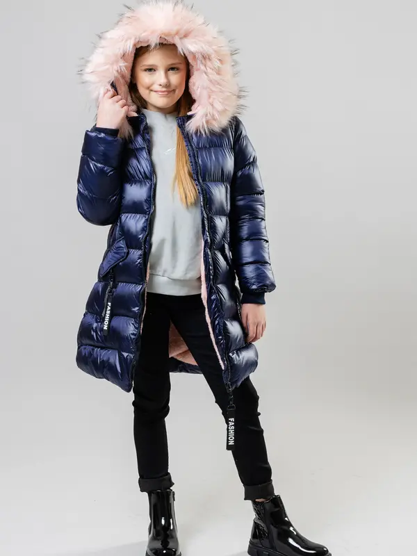 Charcoal Fashion Girl's Shiny Water Resistant Faux Fur Lined Quilted Midi Puffer Coat. Keep Warm, Outdoors,  Hood fur, Back to School 3