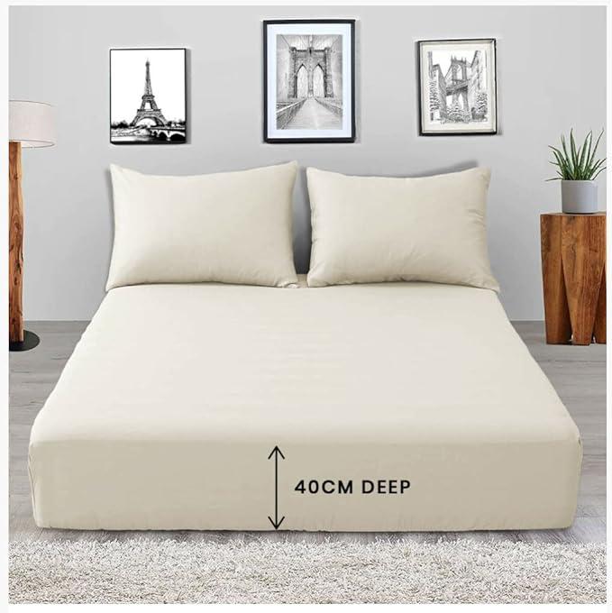 Extra Deep Fitted Bed Sheets 16"/40cm Deep Pockets With Elasticated Corners | Bedding & Linen Easy Iron All Seasons 52% Polyester 48% Cotton Polycotton | Single Double King Super King Sizes | Ultra Soft Brushed Microfiber Shrinkage and Fade Resistant | 5