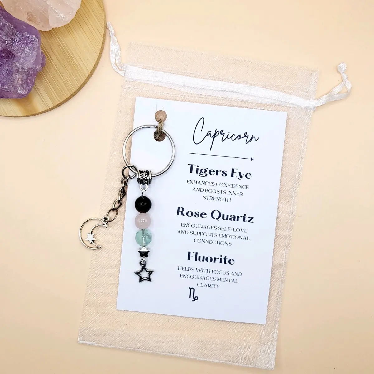 Capricorn Gemstone Keyring, Zodiac Crystal Keychain