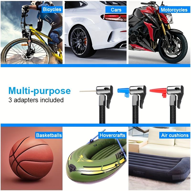 Portable Car Tyre Inflator, Air Compressor, Digital Handheld Electric Pump, LED Light, 3 Nozzle Adaptors, for Car, Motorcycle, Bicycle, Inflatables, DC 12V 4