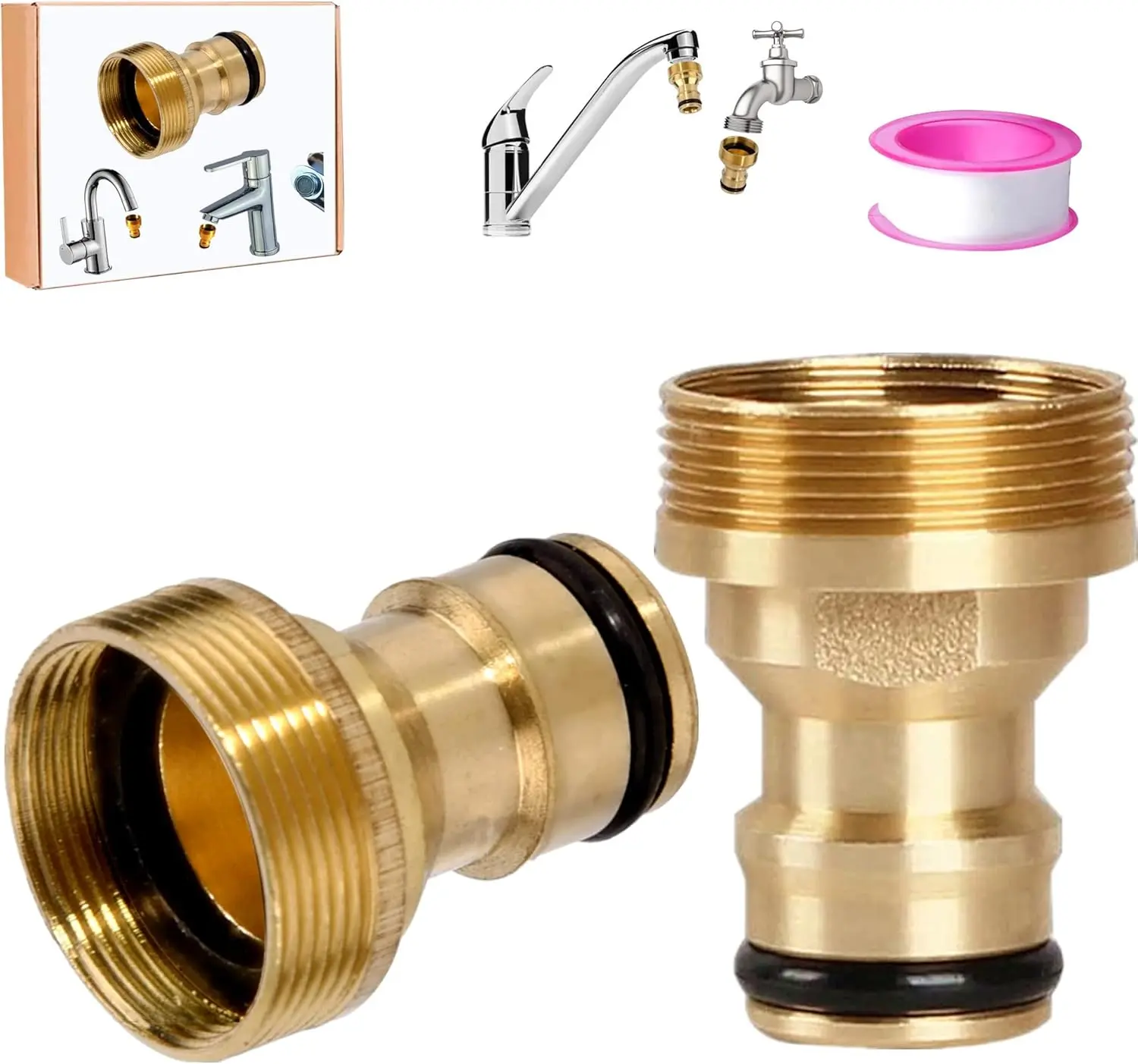 2 Pack Universal Kitchen Tap Connector Brass Mixer Hose Adaptor Pipe Joiner Fitting Water Connector Adapter Tool for Kitchen Garden Watering Tap Connector (Brass Universal Tap Connector)