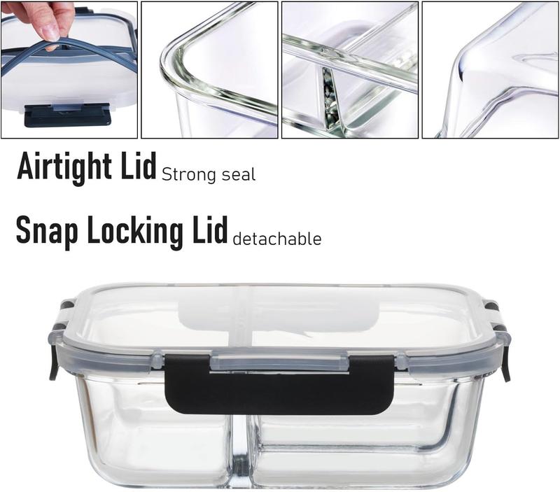 Houszy 3 Compartment Glass Food Storage Containers with Airtight(Pack of 3), Leak-Proof Snap-Lock Lids - BPA-Free, Microwave, Dishwasher, Oven, & Freezer-Safe Lunch Boxes Kitchen Utensils Sturdy Set 3