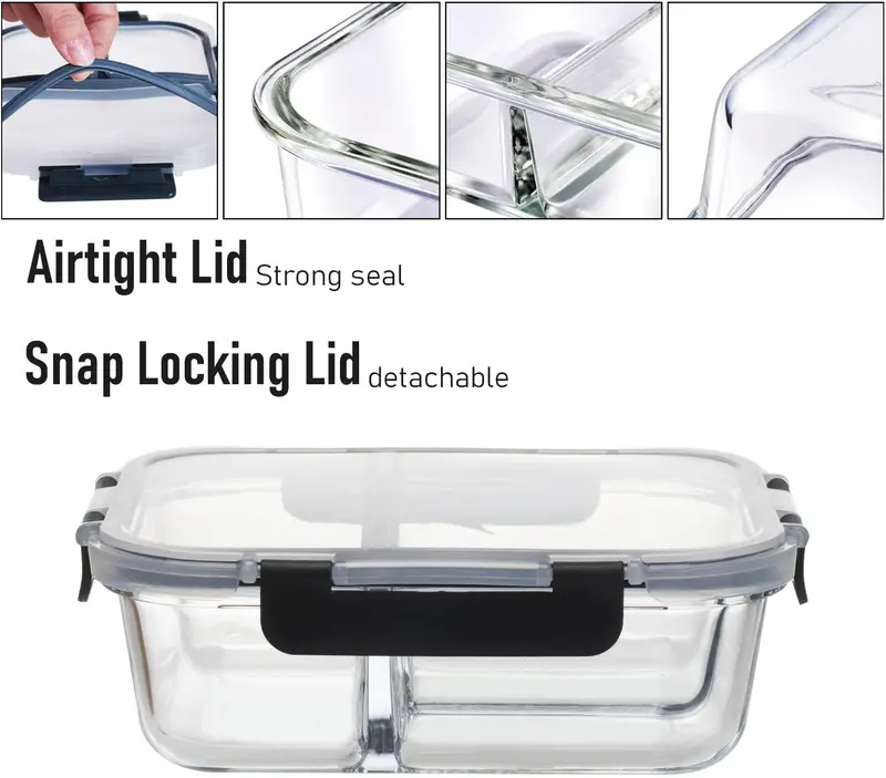 Houszy 3 Compartment Glass Food Storage Containers with Airtight(Pack of 3), Leak-Proof Snap-Lock Lids - BPA-Free, Microwave, Dishwasher, Oven, & Freezer-Safe Lunch Boxes Kitchen Utensils Sturdy Set 3