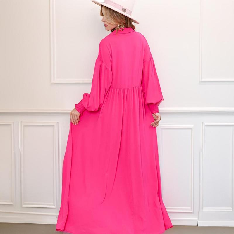 Women's Trendy Plain Lapel Balloon Sleeve Button Up Pleated Maxi Dress,Spring & Summer Dresses for Women,Solid Color Maxi Dresses for Women,Lady Loose Dress for Daily Holiday Wear,Birthday Outfits for Women,Comfortable Womenswear 5