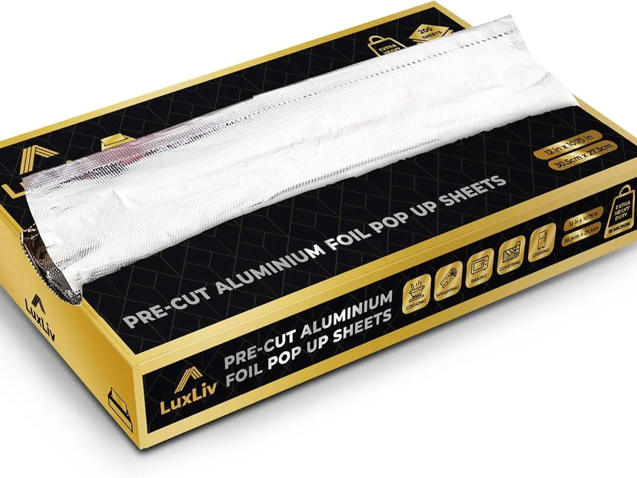 LuxLiv  Pre Cut Foil Sheets Heavy Duty 18 Micron Thick Kitchen Foil Catering Aluminium Tin Foil Pop Up Sheets Burger Wraps- 200 Sheets