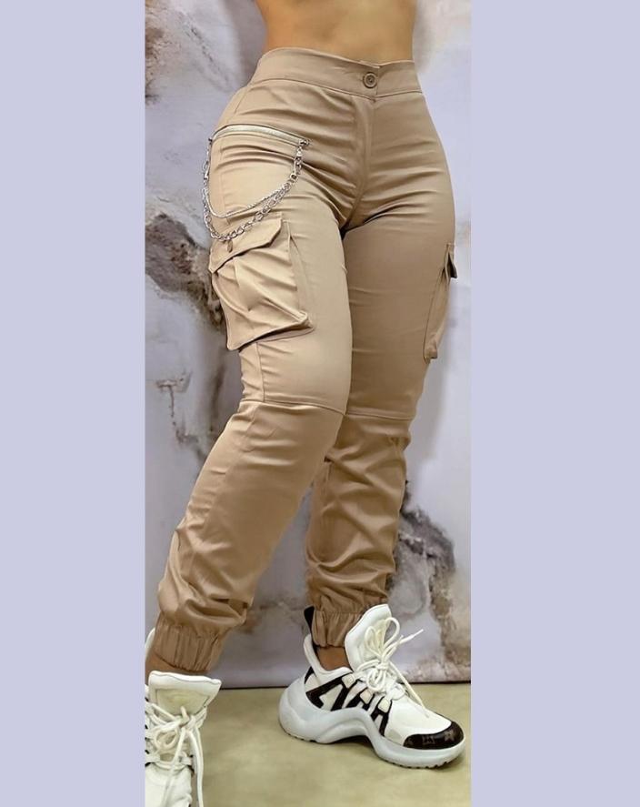 Product Introduction of Women's Pants 2024 Autumn Winter Fashion Casual Work Pants Chain Decor Pocket Design Cuffed Cargo Pants Shipped Within 48 Hours Fabric Fit 4