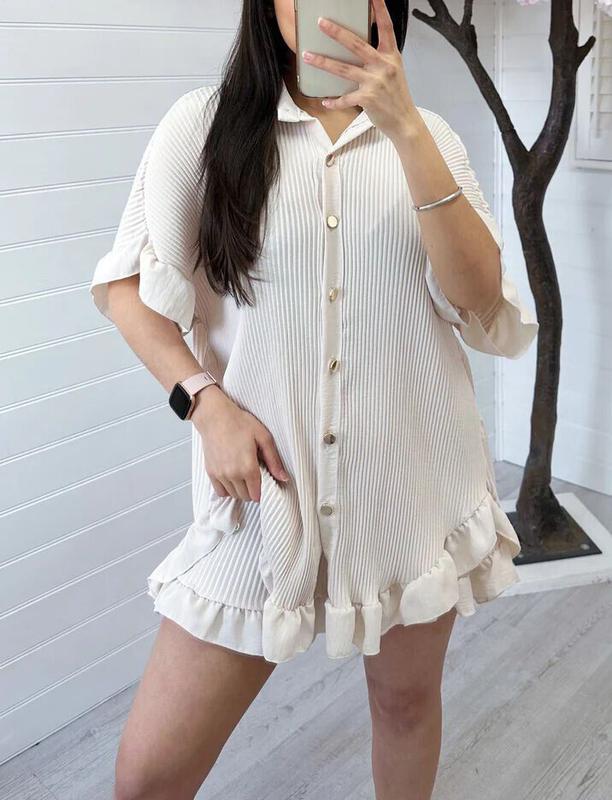 Women's Gold Buttons Pleated Shirt Short CO-ORD Set 3