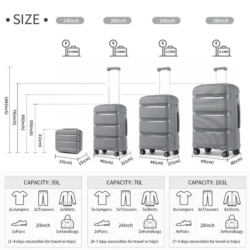 [MissLulu Bags] Bright Candy Design Hard Shell Polypropylene 20''/24''/28'' Suitcase with TSA Lock and 14'' Vanity Case Classic Collection - Grey 1