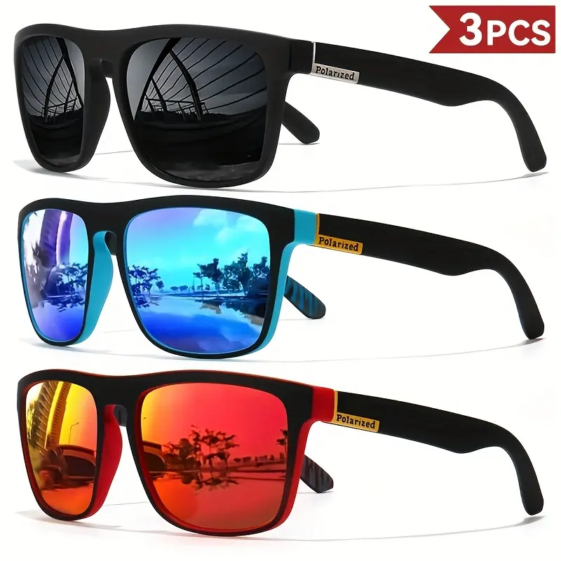 3pcs Men's Classic Polarized Fashion Glasses - Retro Square Design with Colorful Graffiti Temples, Durable PC Frame & Metal Hinges - Ideal for Golf, Hiking, Travel & Fishing - Includes Cleaning Cloth
