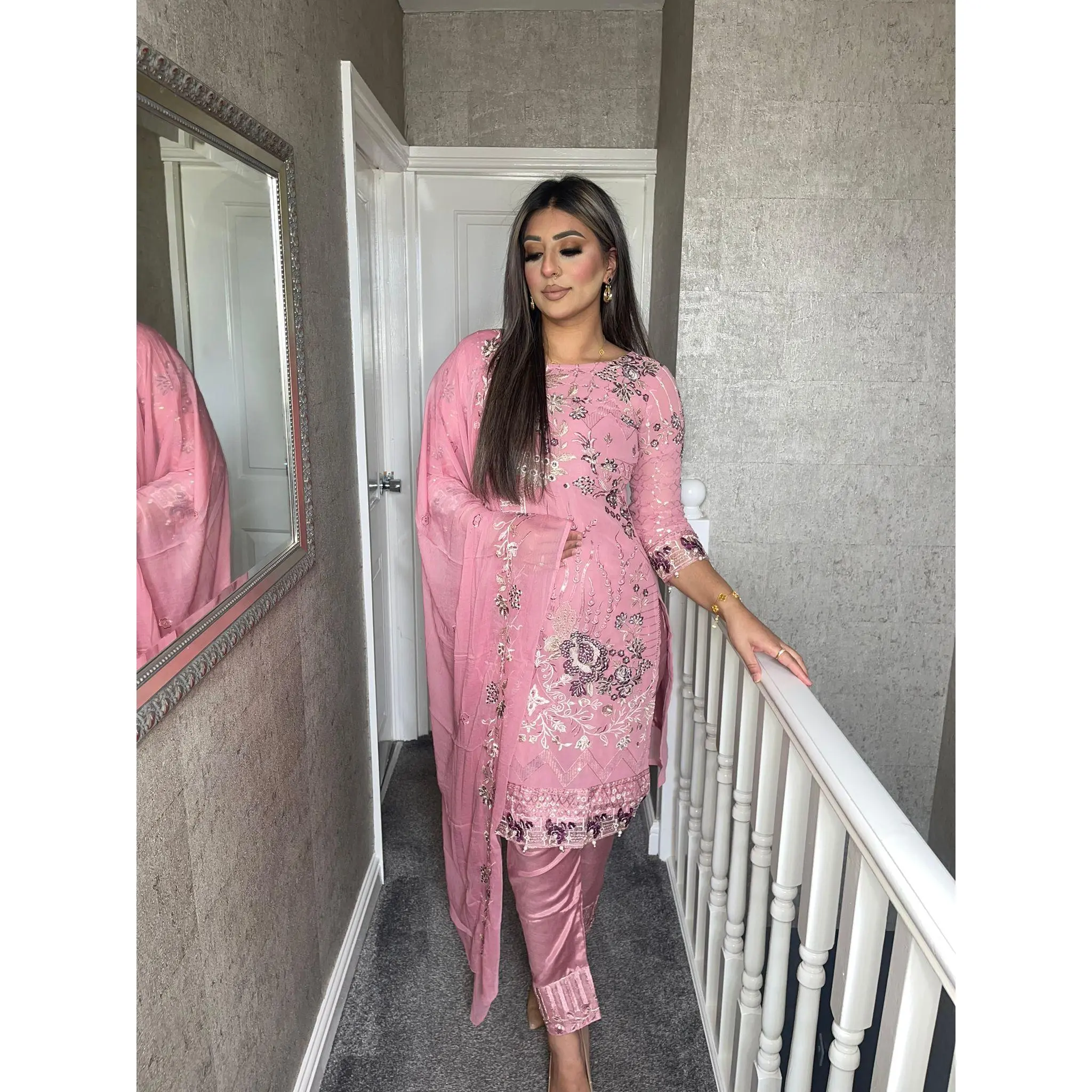 PINK Embroidered Shalwar Kameez with Chiffon duppatta fully stitched 3 piece suit with Net Dupatta MOB-HT26