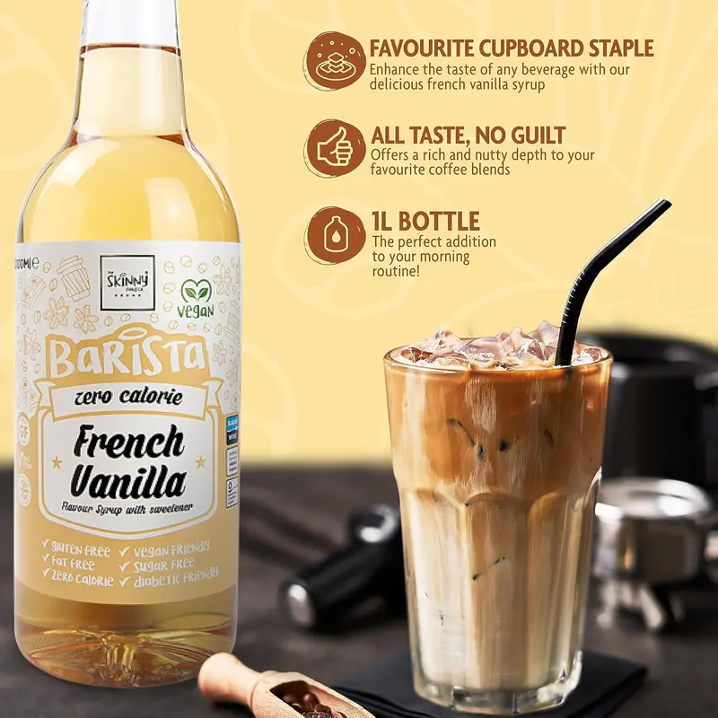 French Vanilla Coffee Syrup - Sugar Free 1L - Zero Calorie - Vegan-Friendly, Gluten-Free & Fat-Free - Beverage Sweet Taffy 1