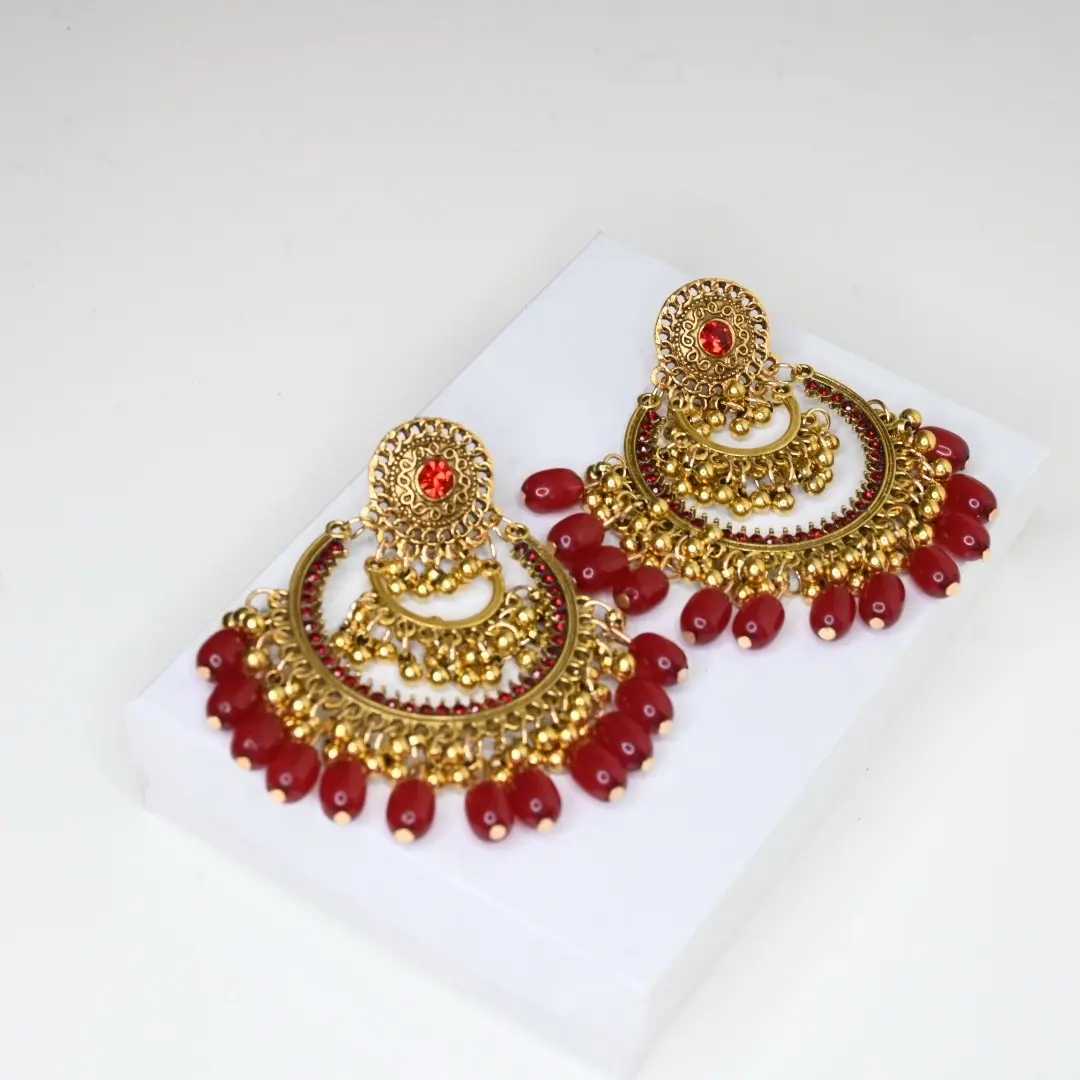 Maya Red and Gold Statement Chaandbali Earrings with an antique Gold finish, Desi Indian wedding earrings