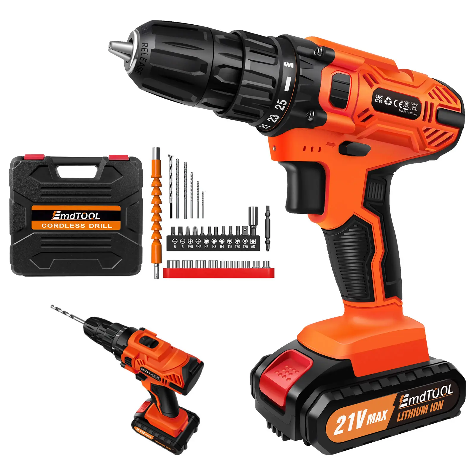 Cordless Drill Driver 21V with 2pcs 1.5Ah Batteries, LED Work Light, 2 Variable Speed 25+1 Torque, 45N.m, Lightweight Compact Drill Tool Kit with 29Pcs Accessories and Carry Case