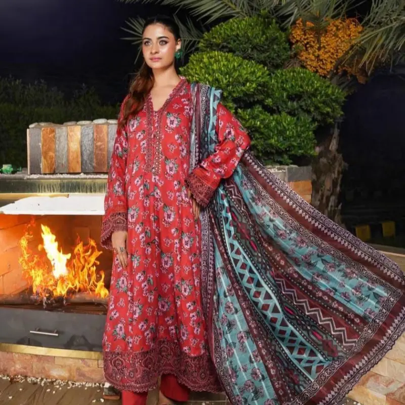 Munira Designer 3 Piece Linen Stitched Casual Red - MSL - 07 winter suits Embroidered punjabi dresses asian clothing 0