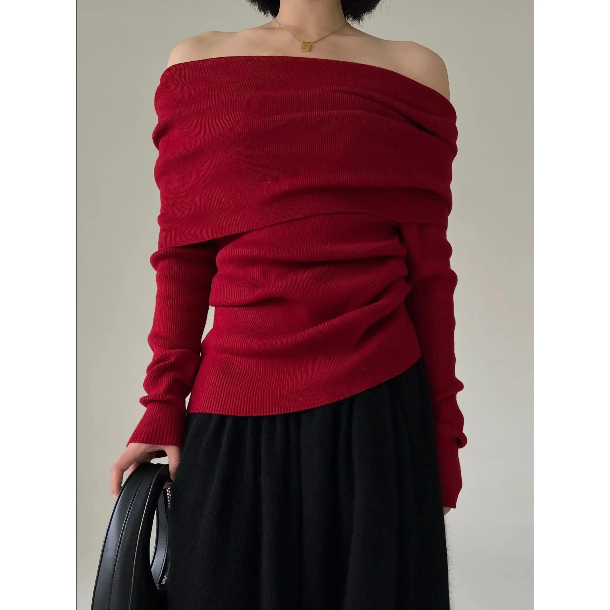 Autumn Winter Off Shoulder Women Sweaters Elegant Vintage Knitted Solid Jumper High Stretch Top Soft Chic Pullovers