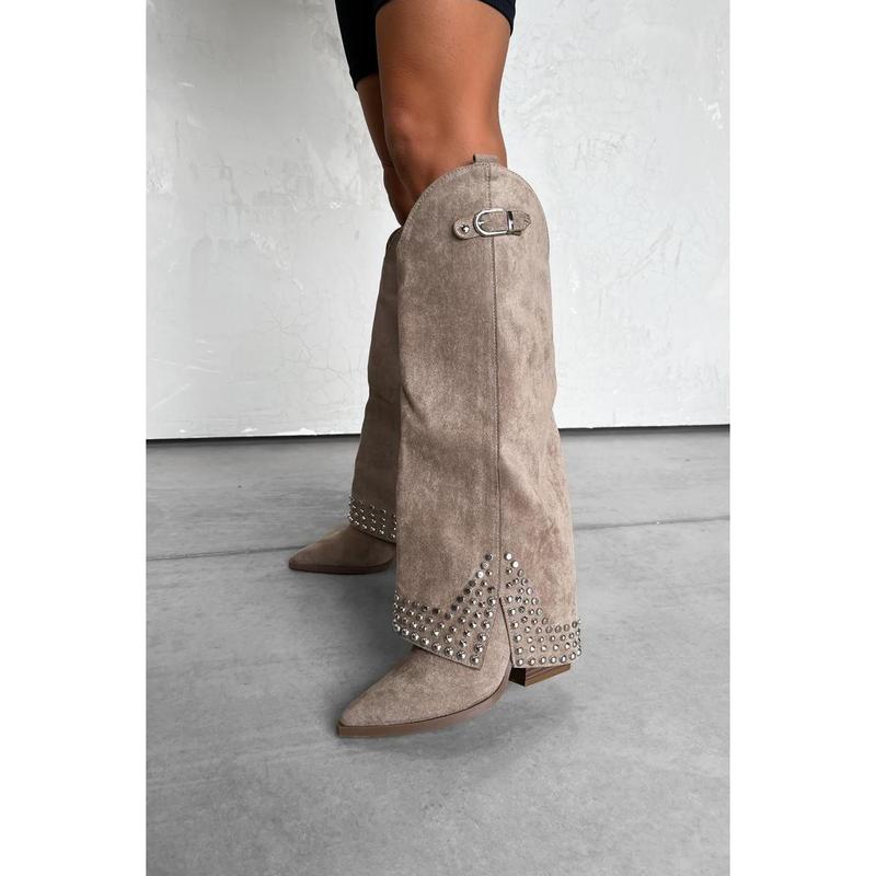 COUNTY Flared Cowboy Western Boots - Beige 5
