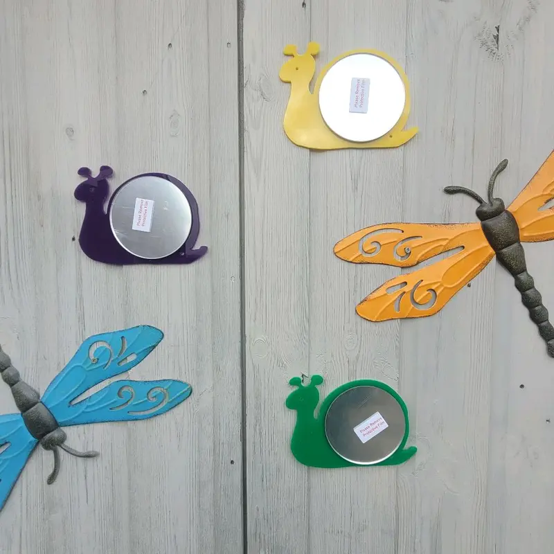 set of 5, acrylic snail mirrors, dragonfly ornaments NOT included. sensory garden 1